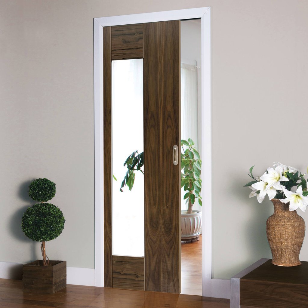 Axis Shaker Walnut Single Evokit Pocket Door - Clear Glass - Prefinished