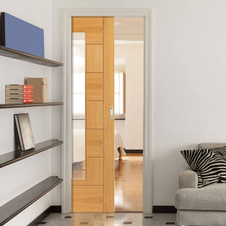 Image: Sirocco Oak Single Evokit Pocket Door - Clear Glass - Prefinished