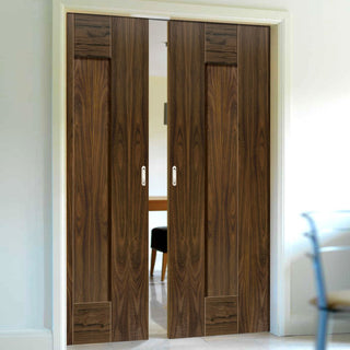 Image: Axis Shaker Walnut Double Evokit Pocket Doors Panelled - Prefinished