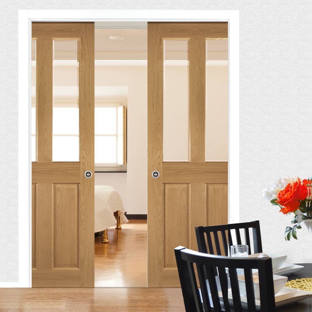 Bury Real American White Oak Crown Cut Veneer Double Evokit Pocket Doors - Clear Bevelled Glass - Prefinished