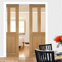 Bury Real American White Oak Crown Cut Veneer Double Evokit Pocket Doors - Clear Bevelled Glass - Prefinished