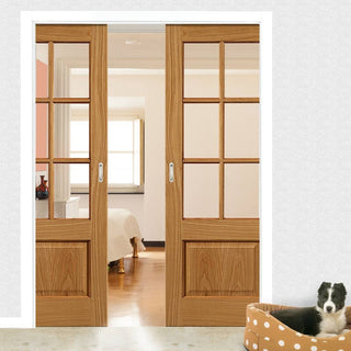 Image: Dove Oak Double Evokit Pocket Doors - Clear Glass