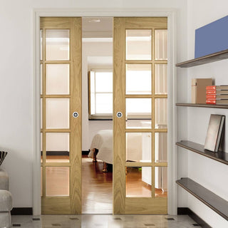 Image: Bristol Oak Double Evokit Pocket Doors - 10 Pane Clear Bevelled Glass - Unfinished