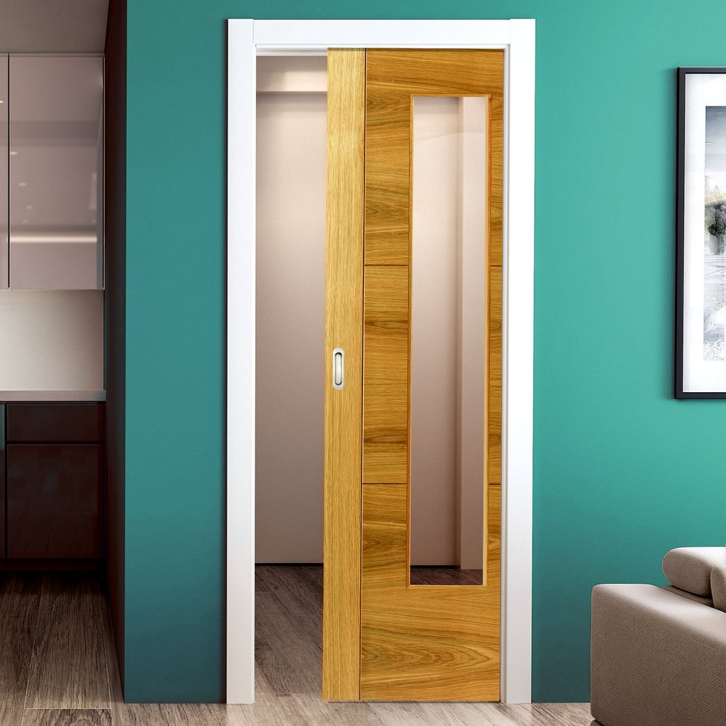 Mistral Oak Single Evokit Pocket Door - Clear Glass - Prefinished