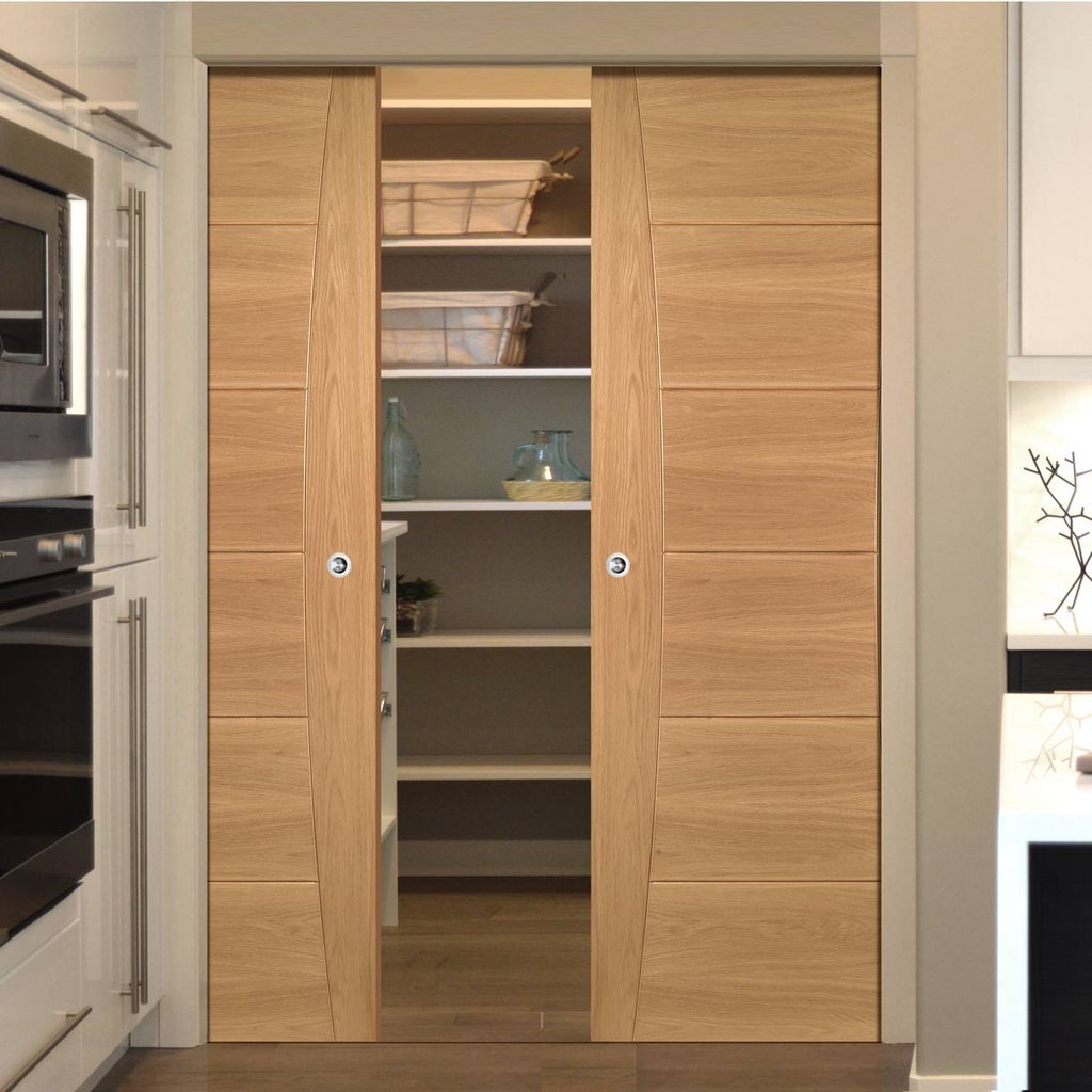 Pamplona Oak Flush Double Evokit Pocket Doors - Prefinished