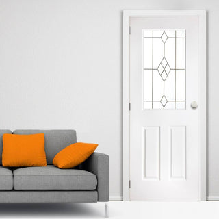 Image: White PVC eldon door with grained faces starburst style toughened glass 