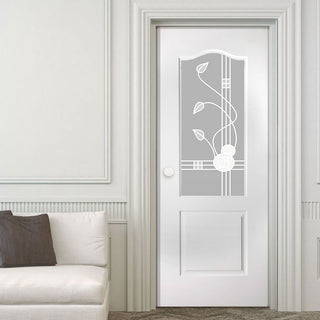 Image: White PVC classic door with grained faces sandblast macintosh style toughened glass 