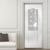 White PVC classic door with grained faces sandblast macintosh style toughened glass 