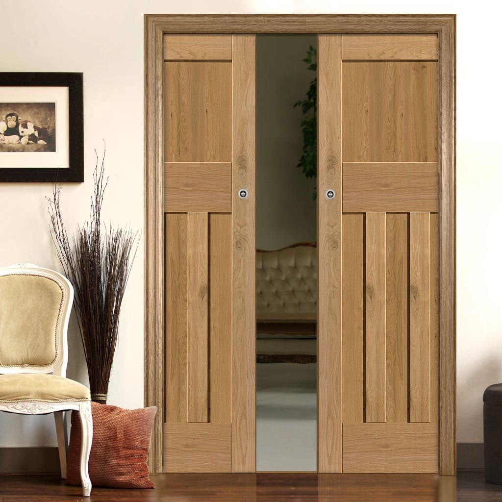 Rustic Oak 1930 DX Shaker Double Evokit Pocket Doors - Prefinished