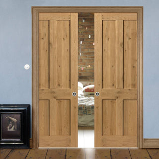 Image: Rustic Oak Shaker 4 Panel Double Evokit Pocket Doors - Prefinished