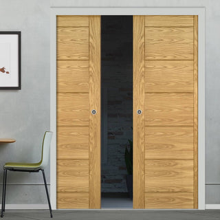 Image: Seville Oak Panel Double Evokit Pocket Doors - Prefinished