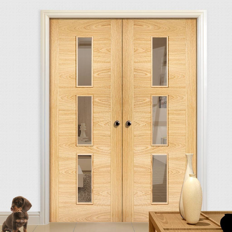 Sofia 3 Pane Oak Door Pair - Clear Glass - Prefinished