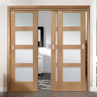 Image: Three Sliding Doors and Frame Kit - Shaker Oak Door - Obscure Glass - Unfinished