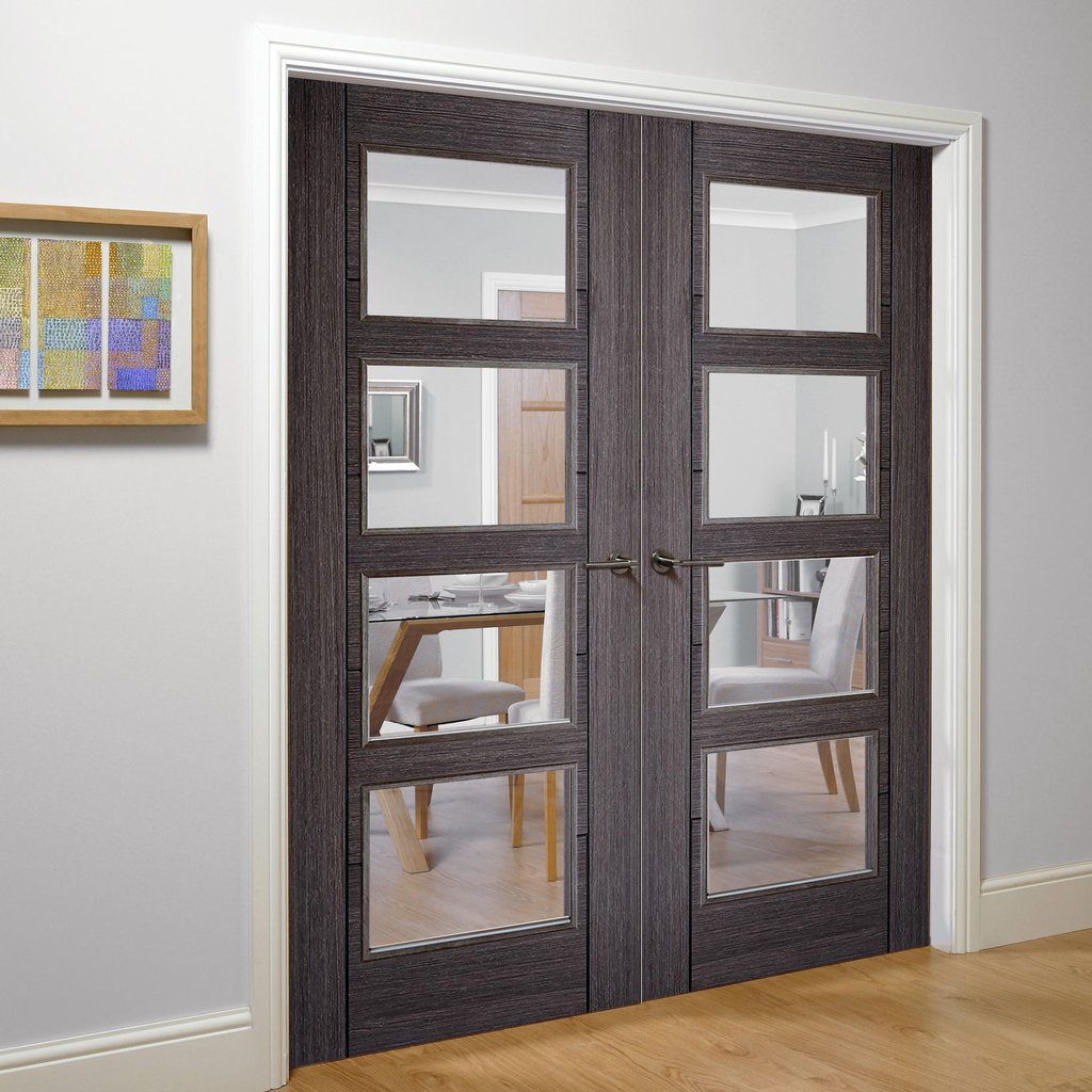 Vancouver Ash Grey 4 Pane Door Pair - Clear Glass - Prefinished