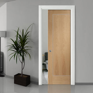 Image: Bespoke Varese Oak Flush Single Pocket Door - Aluminium Inlay - Prefinished