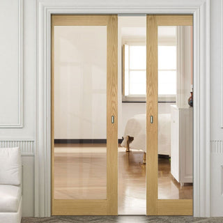 Image: Walden Real American Oak Veneer Double Evokit Pocket Doors - Clear Glass - Unfinished