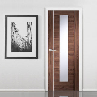 Image: Walnut veneer intrior modern door with safety glazing
