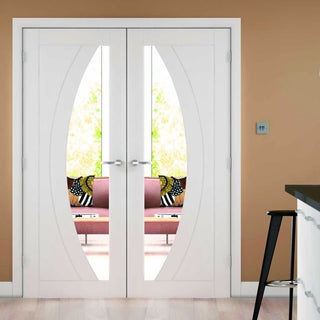 Image: Bespoke Salerno Flush Internal Door - White Primed Pair - Clear Glass