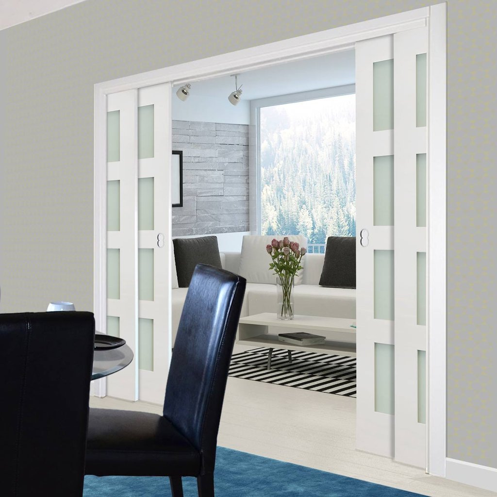 Coventry Shaker Staffetta Quad Telescopic Pocket Doors - Frosted Glass - White Primed
