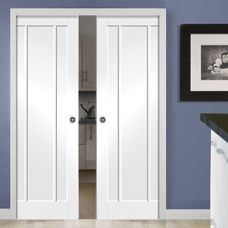 Image: Worcester 3 Panel Double Evokit Pocket Doors - Primed