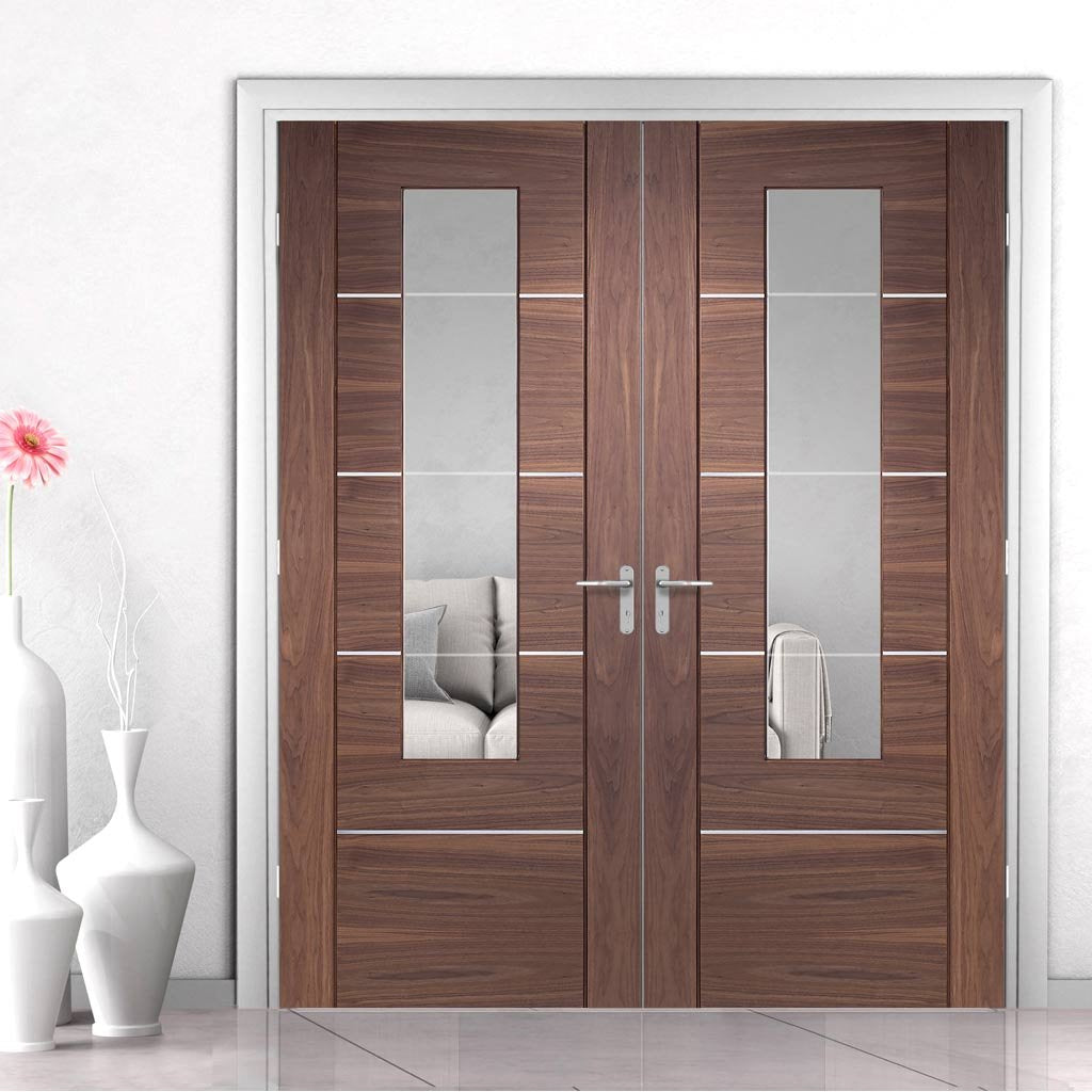 Bespoke Portici Walnut Glazed Door Pair - Aluminium Inlay - Prefinished