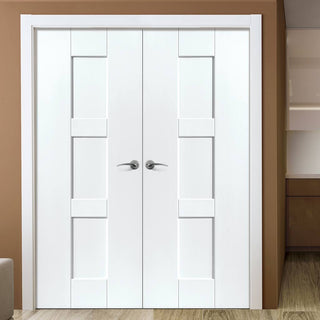 Image: J B Kind Geo White Primed Panel Fire Door Pair - 30 Minute Fire Rated