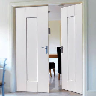 Image: J B Kind Axis White Primed Panel Fire Door Pair - 30 Minute Fire Rated