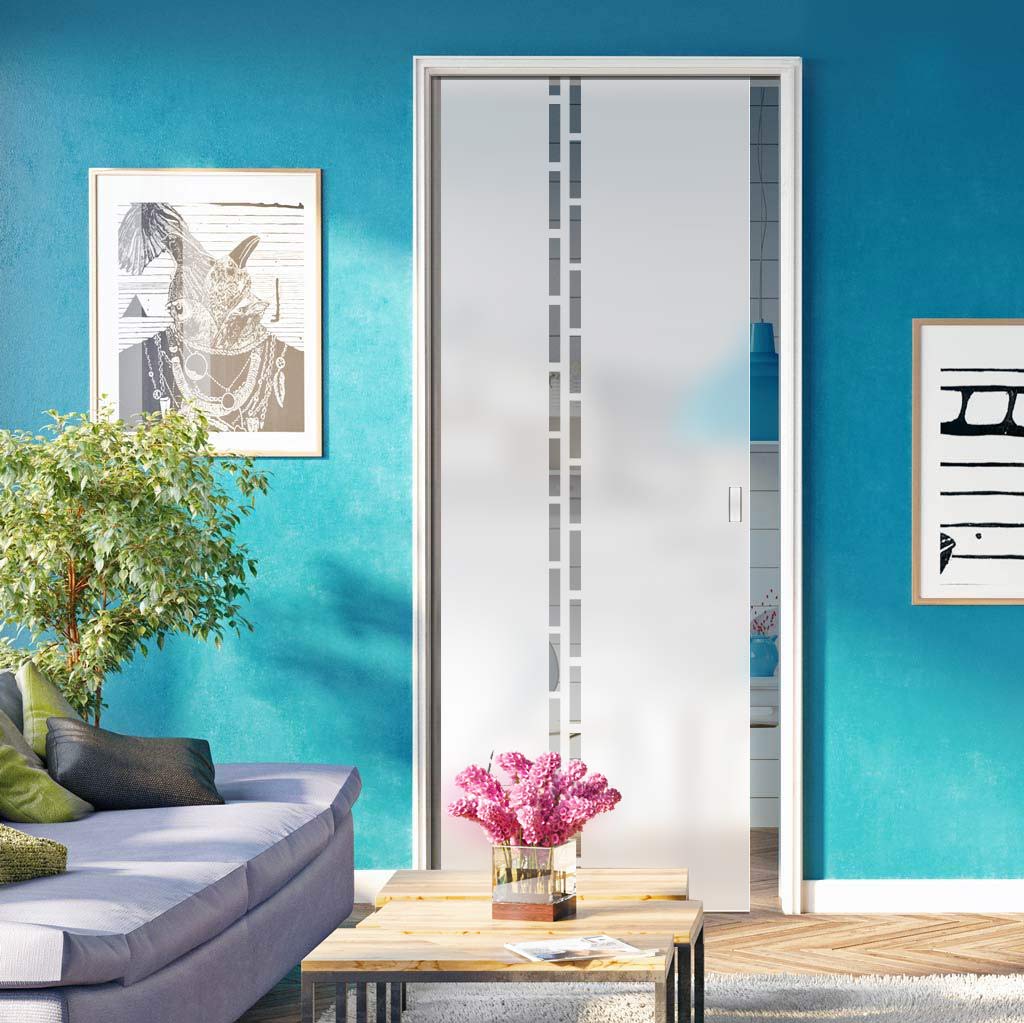 Inveresk 8mm Obscure Glass - Clear Printed Design - Single Evokit Glass Pocket Door