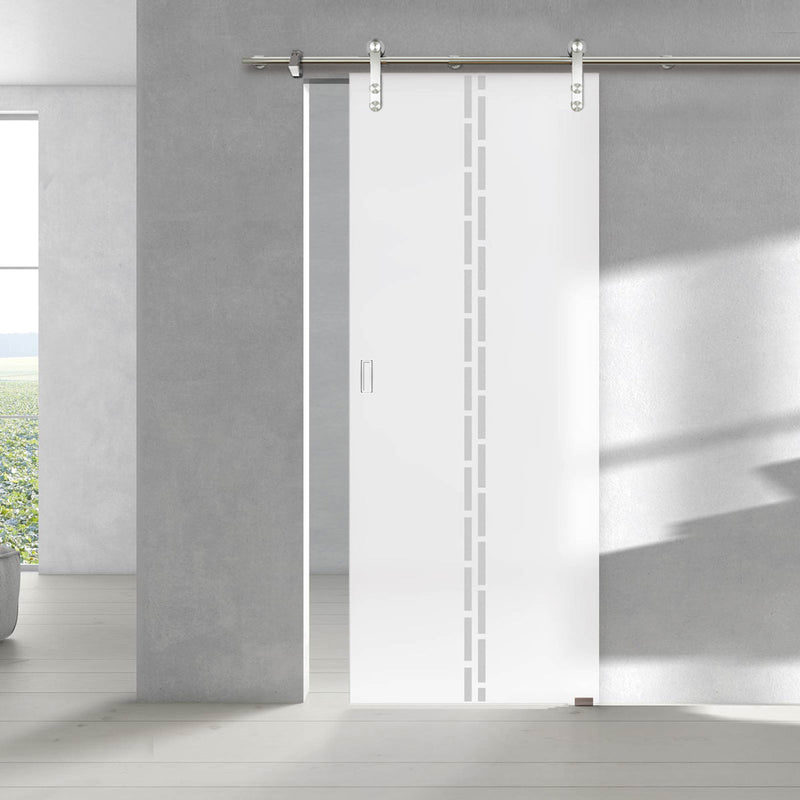 Single Glass Sliding Door - Solaris Tubular Stainless Steel Sliding Track & Inveresk 8mm Obscure Glass - Obscure Printed Design