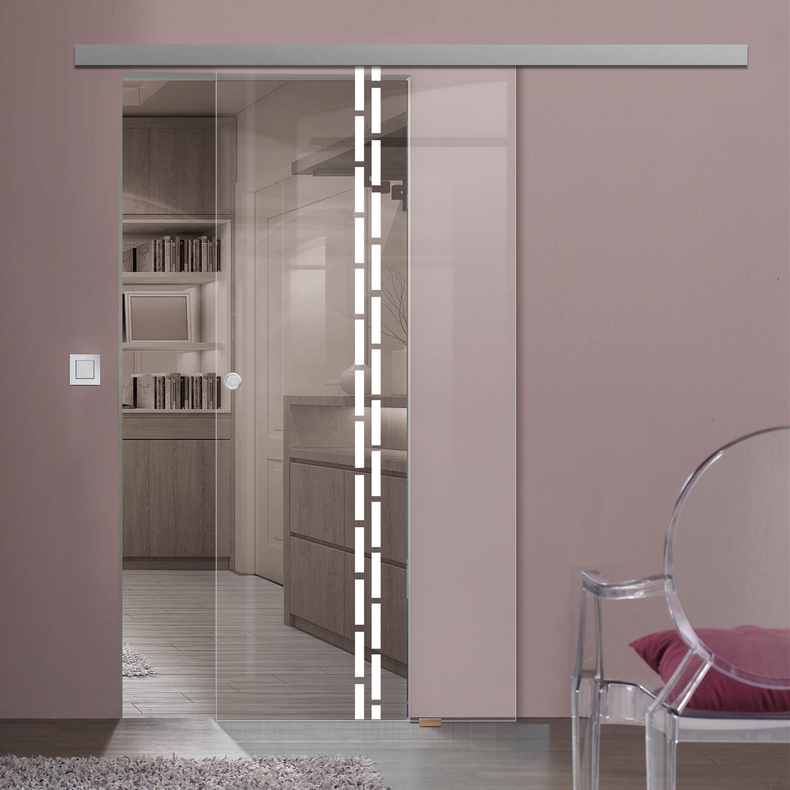 Single Glass Sliding Door - Inveresk 8mm Clear Glass - Obscure Printed Design - Planeo 60 Pro Kit