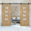 Top Mounted Black Sliding Track & Seville 4LS Glazed Oak Double Door - Irregular Glass Panes - Prefinished