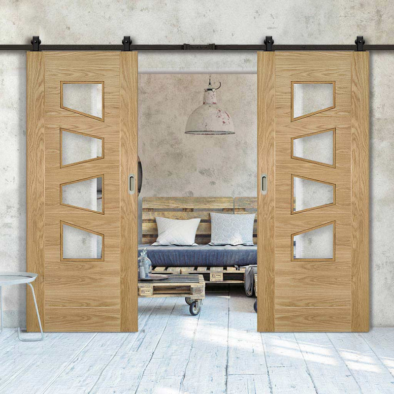 Top Mounted Black Sliding Track & Seville 4LS Glazed Oak Double Door - Irregular Glass Panes - Prefinished