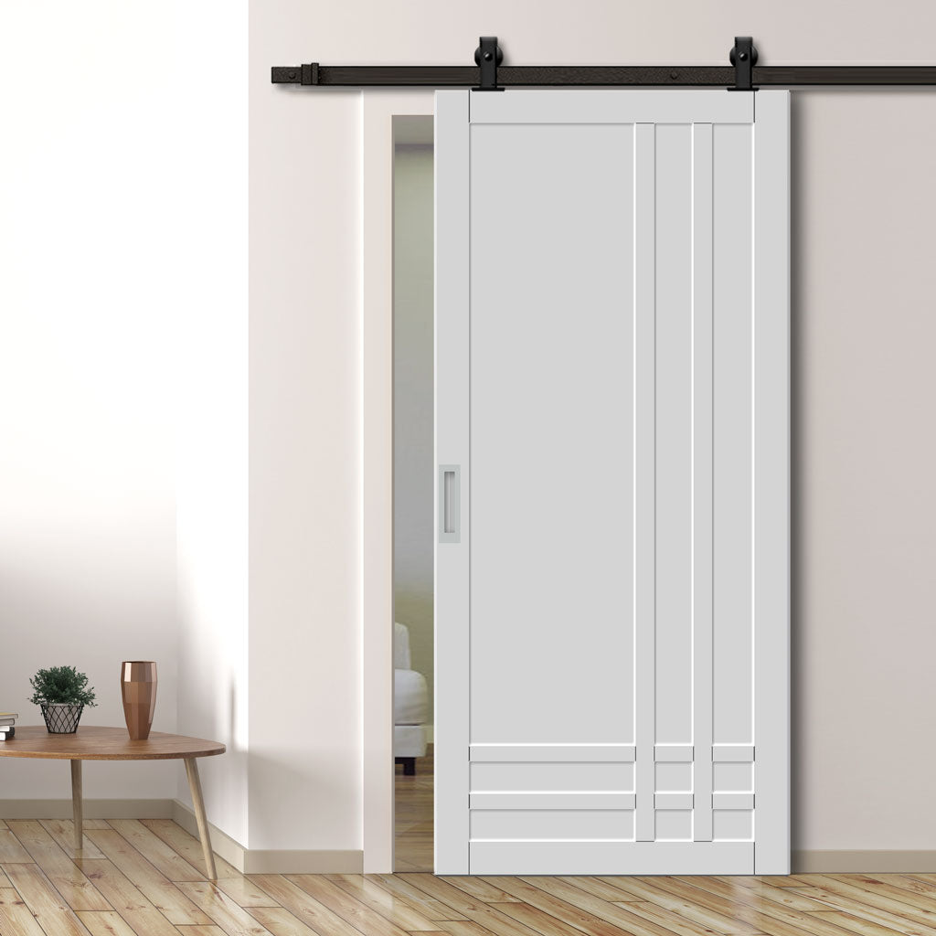 Top Mounted Black Sliding Track & Solid Wood Door - Eco-Urban® Irvine 9 Panel Solid Wood Door DD6434 - Cloud White Premium Primed