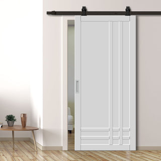 Image: Top Mounted Black Sliding Track & Solid Wood Door - Eco-Urban® Irvine 9 Panel Solid Wood Door DD6434 - Cloud White Premium Primed