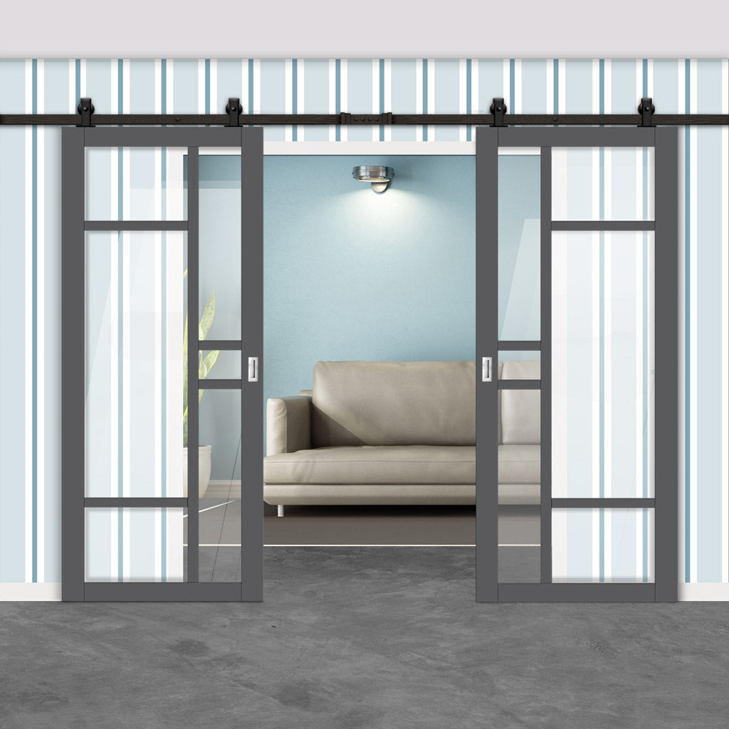 Top Mounted Black Sliding Track & Solid Wood Double Doors - Eco-Urban® Isla 6 Pane Doors DD6429G Clear Glass - Stormy Grey Premium Primed