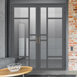 Image: Eco-Urban Isla 6 Pane Solid Wood Internal Door Pair UK Made DD6429G Clear Glass - Eco-Urban® Stormy Grey Premium Primed