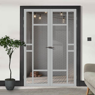 Image: Eco-Urban Isla 6 Pane Solid Wood Internal Door Pair UK Made DD6429G Clear Glass  - Eco-Urban® Mist Grey Premium Primed