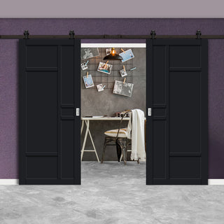 Image: Top Mounted Black Sliding Track & Solid Wood Double Doors - Eco-Urban® Isla 6 Panel Doors DD6429 - Shadow Black Premium Primed