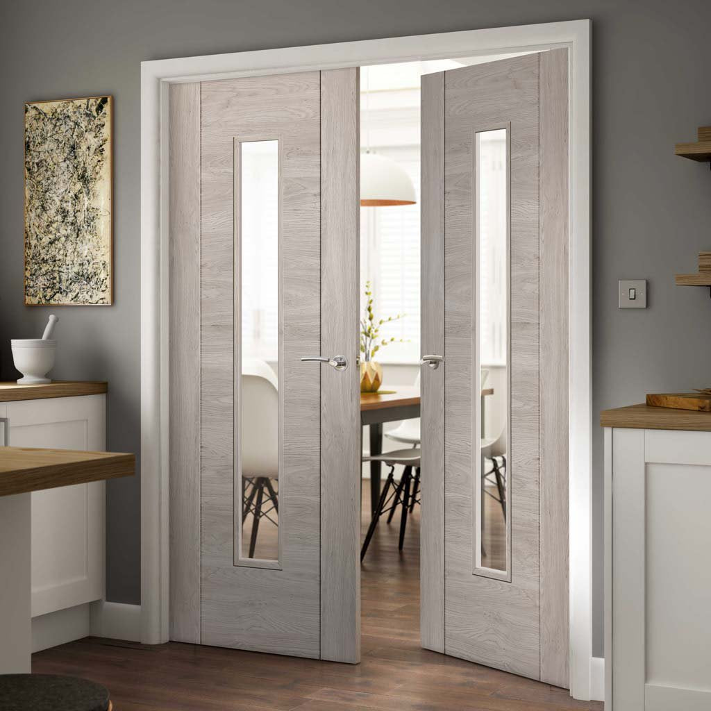 J B Kind Laminates Alabama Fumo Smoky Grey Coloured Door Pair - Clear Glass - Prefinished
