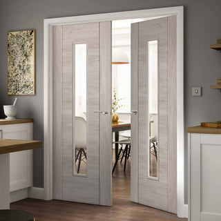 Image: J B Kind Laminates Alabama Fumo Smoky Grey Coloured Door Pair - Clear Glass - Prefinished