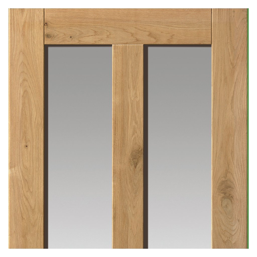 Rustic Oak Shaker 2 Panel 2 Pane Single Evokit Pocket Door Detail - Prefinished - Clear Glass
