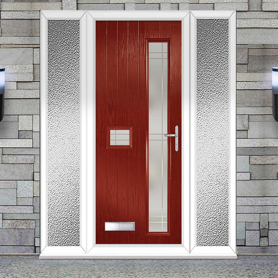 Cottage Style Jowett 2 Composite Front Door Set with Double Side Screen - Hnd Linear Glass - Shown in Red
