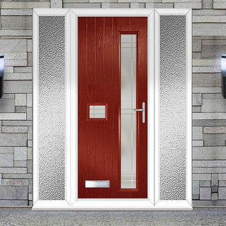 Image: Cottage Style Jowett 2 Composite Front Door Set with Double Side Screen - Hnd Linear Glass - Shown in Red