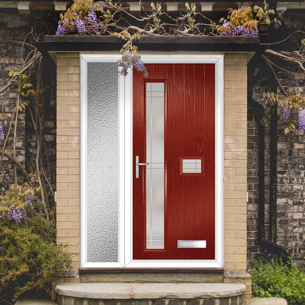 Cottage Style Jowett 2 Composite Front Door Set with Single Side Screen - Hnd Linear Glass - Shown in Red