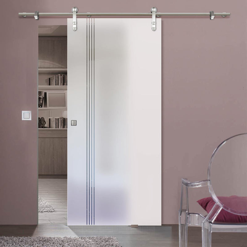 Single Glass Sliding Door - Solaris Tubular Stainless Steel Sliding Track & Juniper 8mm Obscure Glass - Clear Printed Design