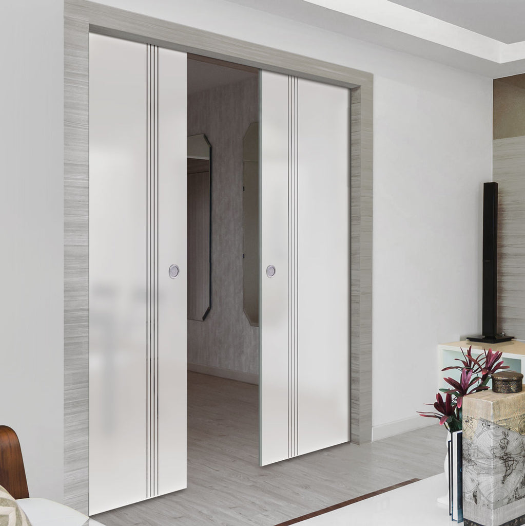Juniper 8mm Obscure Glass - Clear Printed Design - Double Evokit Pocket Door