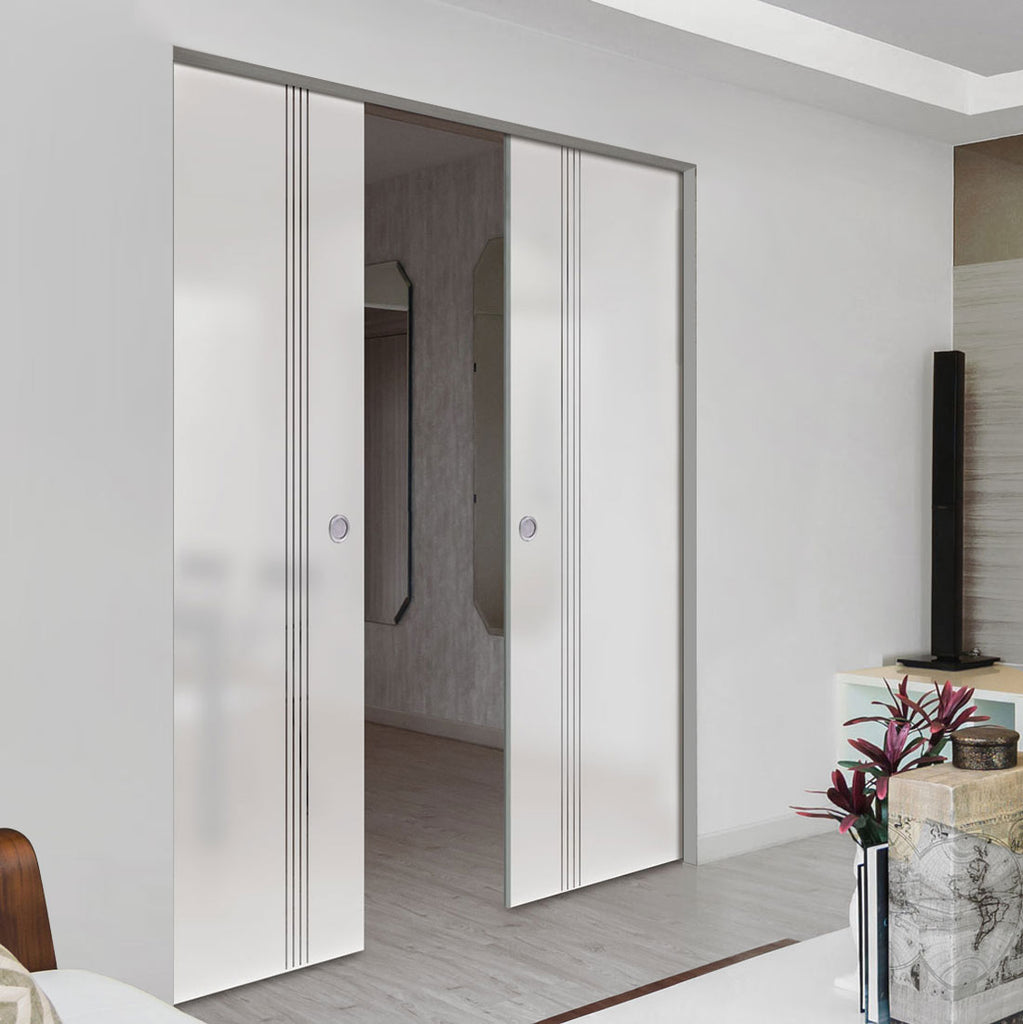 Juniper 8mm Obscure Glass - Clear Printed Design - Double Absolute Pocket Door