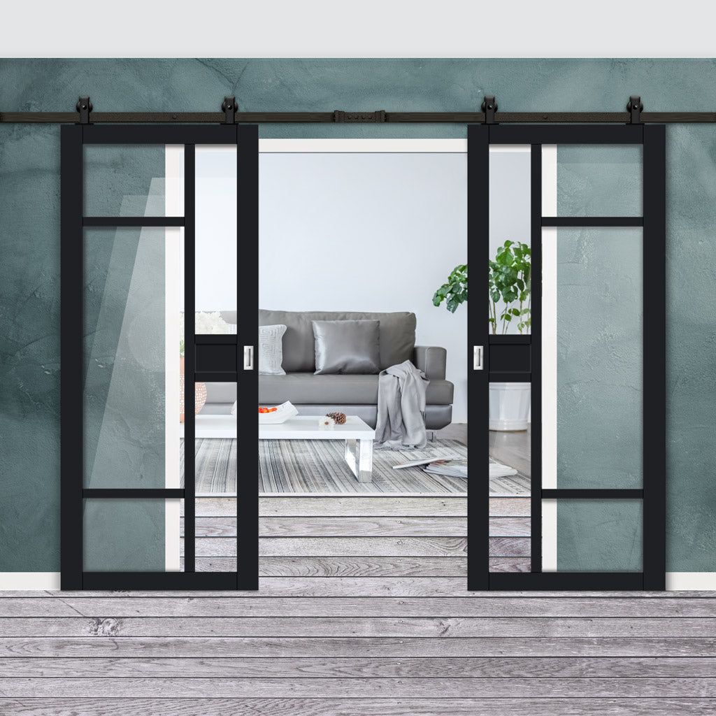 Top Mounted Black Sliding Track & Solid Wood Double Doors - Eco-Urban® Jura 5 Pane 1 Panel Doors DD6431G Clear Glass - Shadow Black Premium Primed