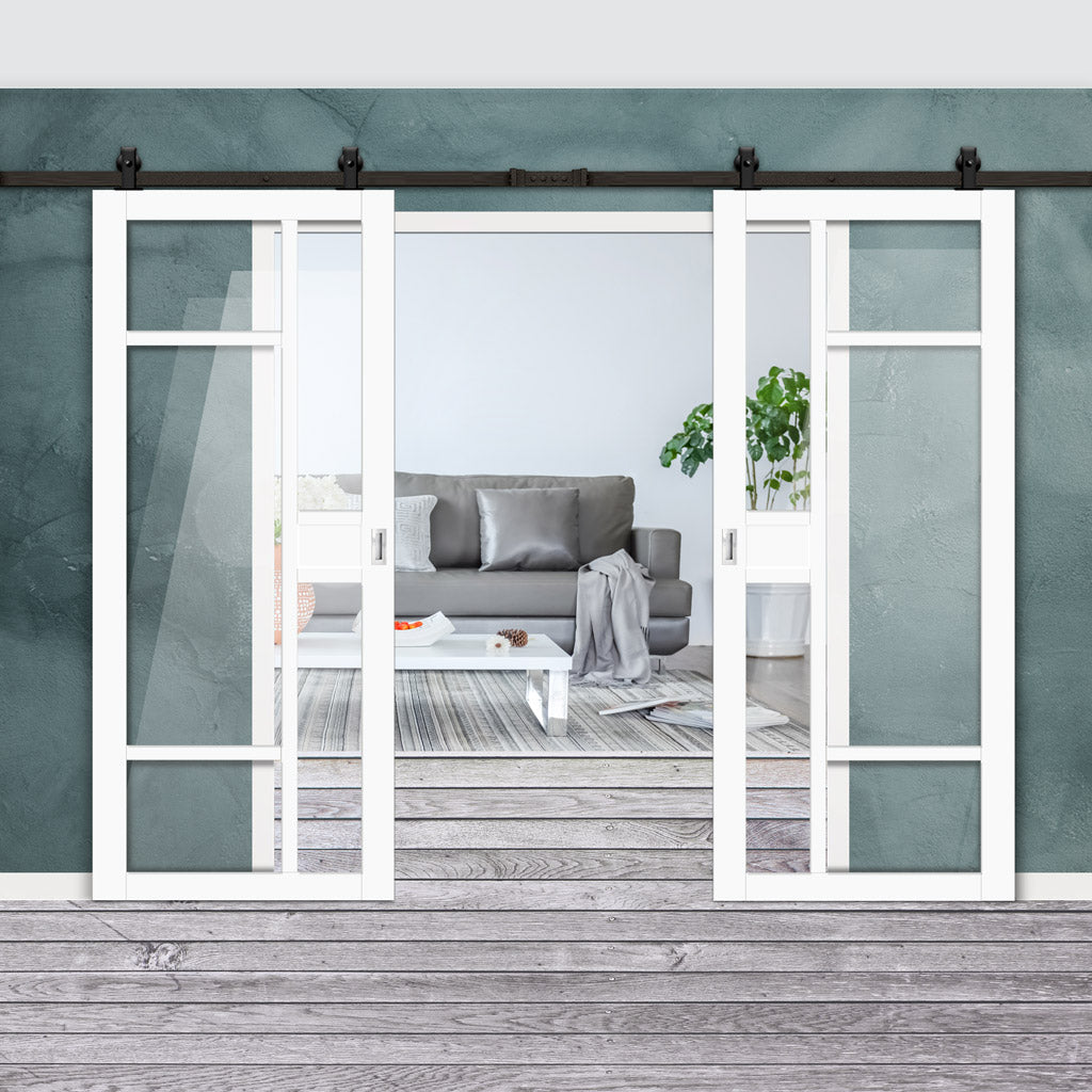 Top Mounted Black Sliding Track & Solid Wood Double Doors - Eco-Urban® Jura 5 Pane 1 Panel Doors DD6431G Clear Glass - Cloud White Premium Primed