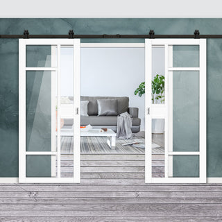 Image: Top Mounted Black Sliding Track & Solid Wood Double Doors - Eco-Urban® Jura 5 Pane 1 Panel Doors DD6431G Clear Glass - Cloud White Premium Primed